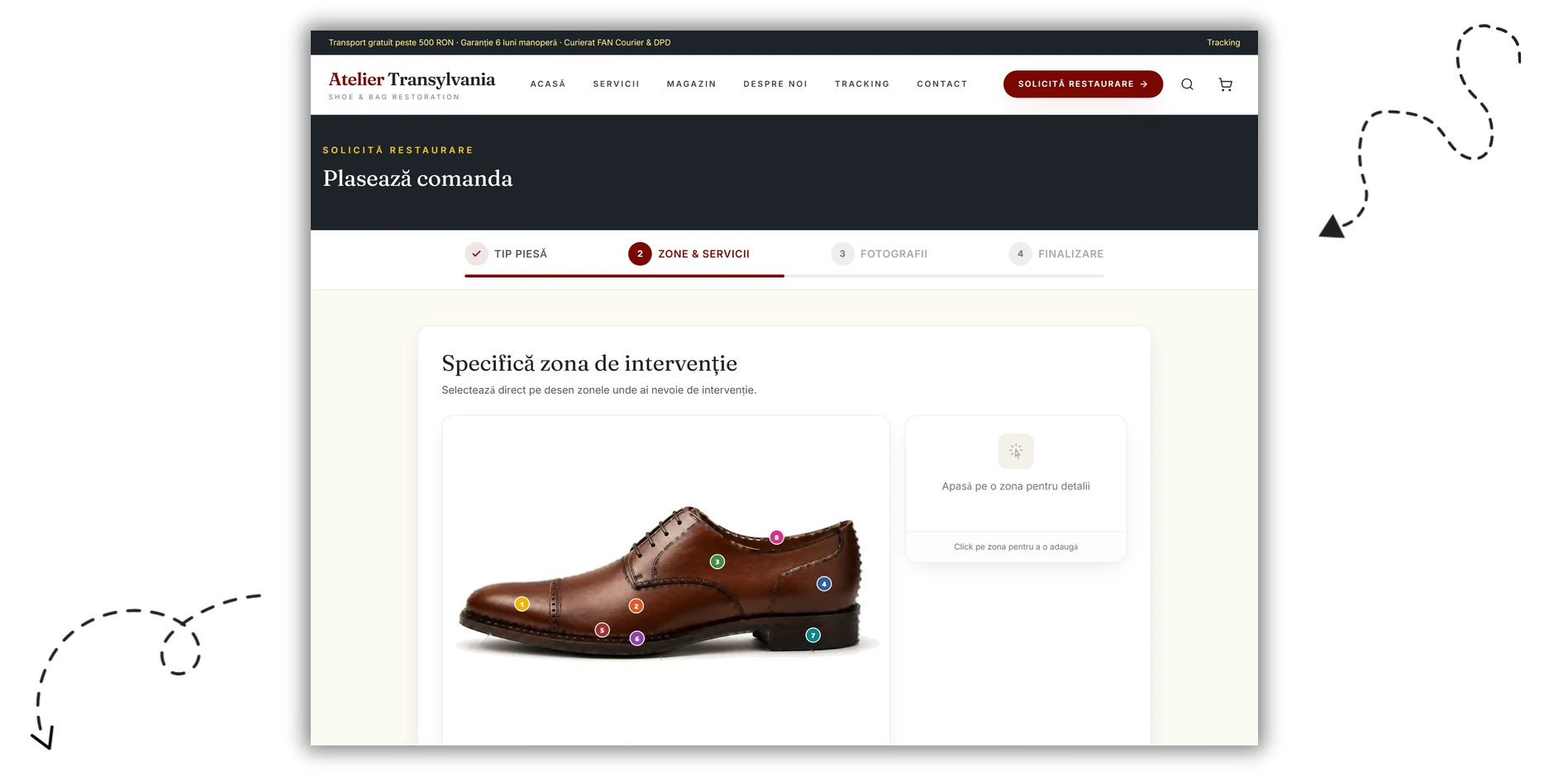 Comanda online: zonele de intervenție marcate pe desenul piesei