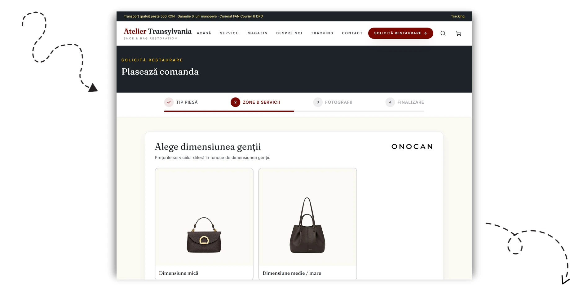 Fluxul de comandă pentru genți ONOCAN, cu alegerea dimensiunii