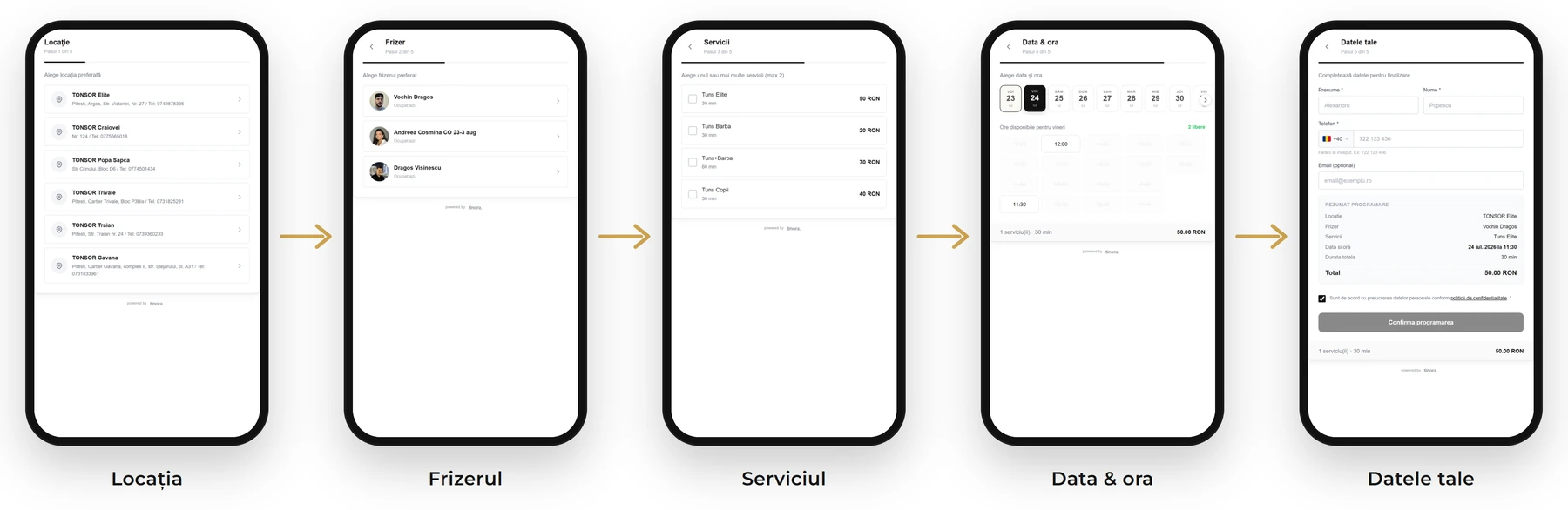 TONSOR booking flow in five steps: location, barber, service, date and time, your details